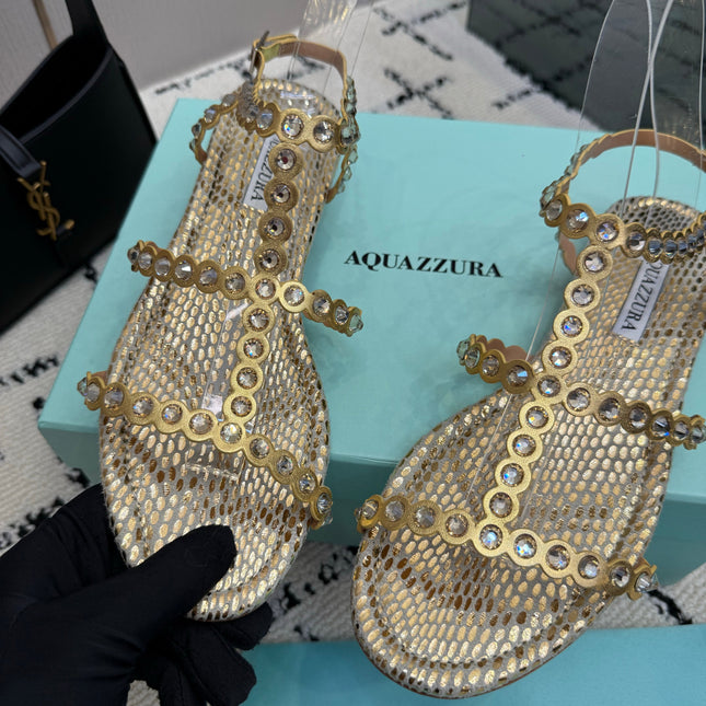 AQUAZZURA 26S FLAT SANDALS IN GOLD SNAKESKIN CRYSTAL-EMBELLISHED