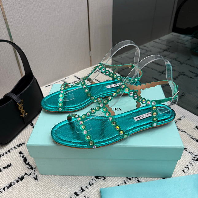 AQUAZZURA 26S FLAT SANDALS IN EMERALD GREEN SNAKESKIN CRYSTAL-EMBELLISHED