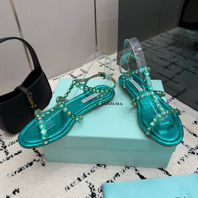 AQUAZZURA 26S FLAT SANDALS IN EMERALD GREEN SNAKESKIN CRYSTAL-EMBELLISHED