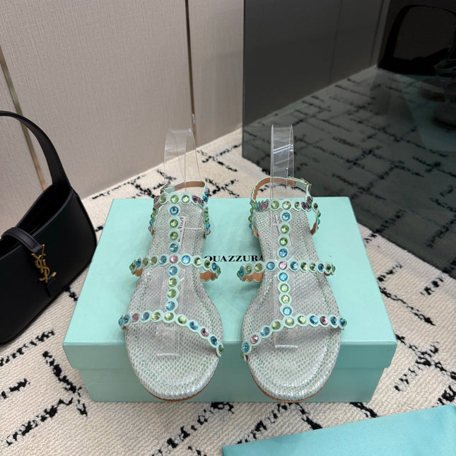 AQUAZZURA 26S FLAT SANDALS IN METALLIC MINT SNAKESKIN CRYSTAL-EMBELLISHED
