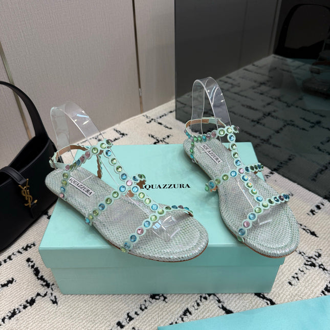 AQUAZZURA 26S FLAT SANDALS IN METALLIC MINT SNAKESKIN CRYSTAL-EMBELLISHED