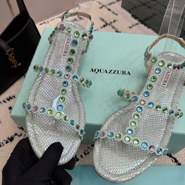 AQUAZZURA 26S FLAT SANDALS IN METALLIC MINT SNAKESKIN CRYSTAL-EMBELLISHED