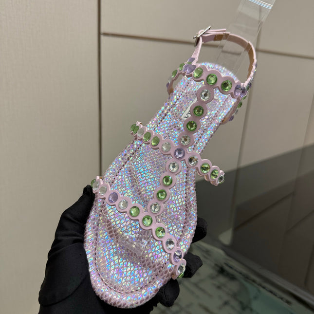 AQUAZZURA 26S FLAT SANDALS IN LIGHT PURPLE SNAKESKIN CRYSTAL-EMBELLISHED