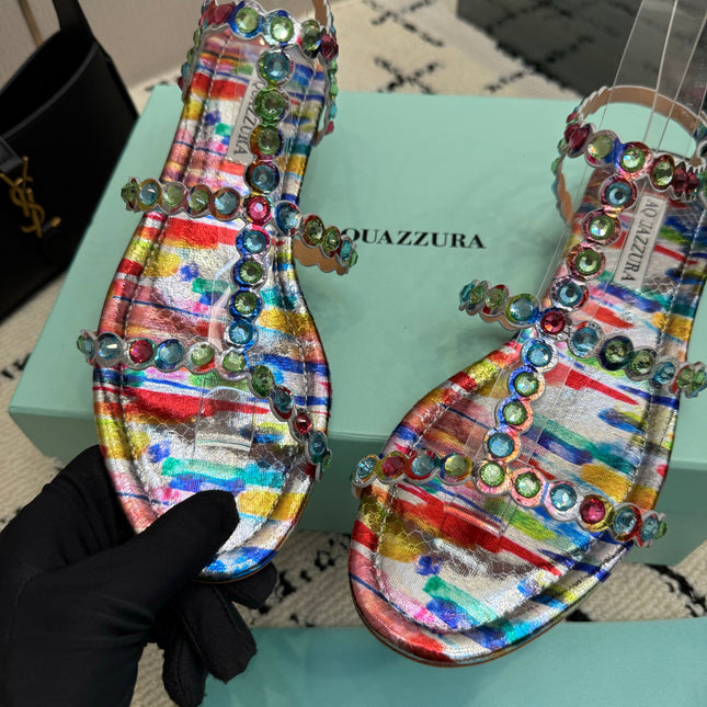 AQUAZZURA 26S FLAT SANDALS IN MULTICOLOR LAMBSKIN CRYSTAL-EMBELLISHED