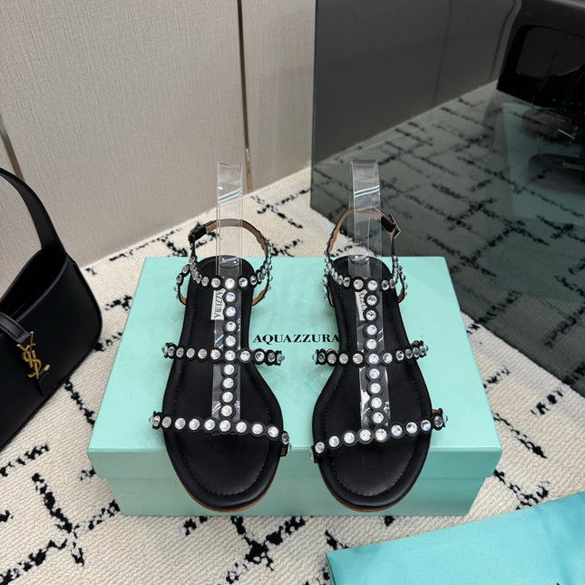 AQUAZZURA 26S FLAT SANDALS IN BLACK LAMBSKIN CRYSTAL-EMBELLISHED