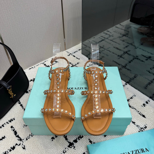 AQUAZZURA 26S FLAT SANDALS IN BROWN LAMBSKIN CRYSTAL-EMBELLISHED