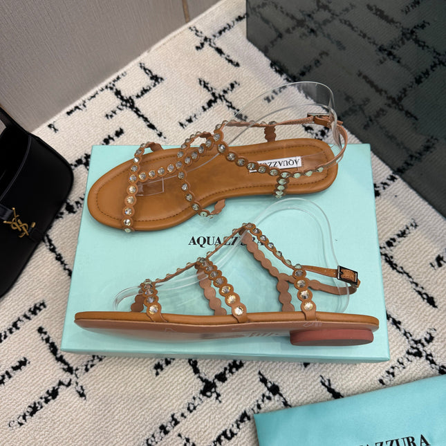AQUAZZURA 26S FLAT SANDALS IN BROWN LAMBSKIN CRYSTAL-EMBELLISHED
