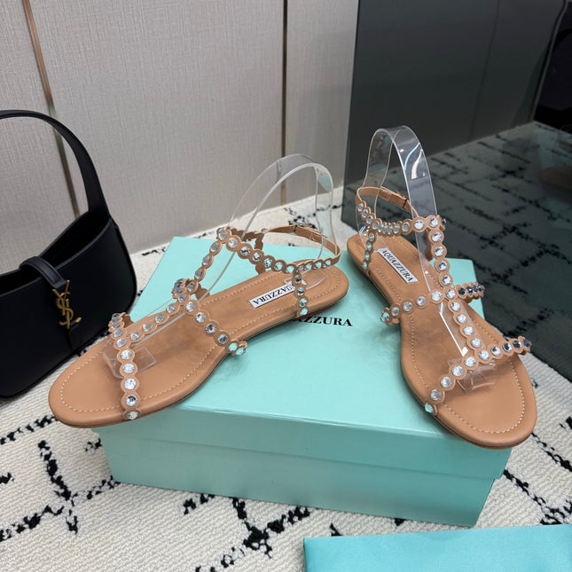 AQUAZZURA 26S FLAT SANDALS IN NUDE LAMBSKIN CRYSTAL-EMBELLISHED