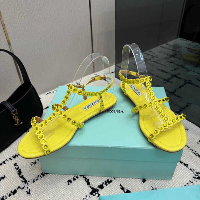 AQUAZZURA 26S FLAT SANDALS IN YELLOW LAMBSKIN CRYSTAL-EMBELLISHED