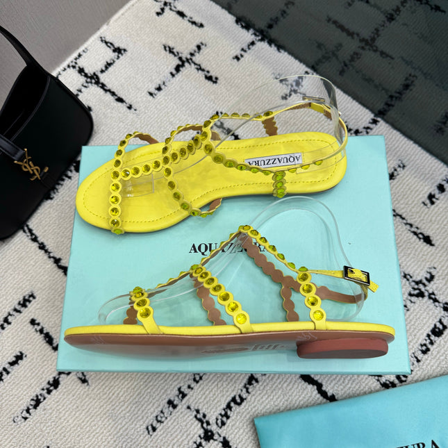 AQUAZZURA 26S FLAT SANDALS IN YELLOW LAMBSKIN CRYSTAL-EMBELLISHED