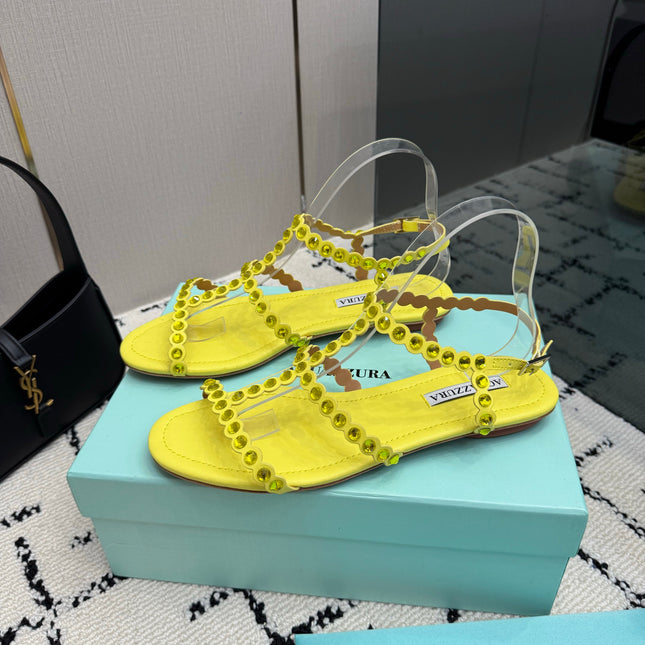 AQUAZZURA 26S FLAT SANDALS IN YELLOW LAMBSKIN CRYSTAL-EMBELLISHED