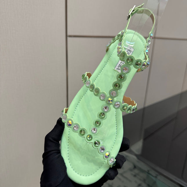AQUAZZURA 26S FLAT SANDALS IN MINT GREEN LAMBSKIN CRYSTAL-EMBELLISHED