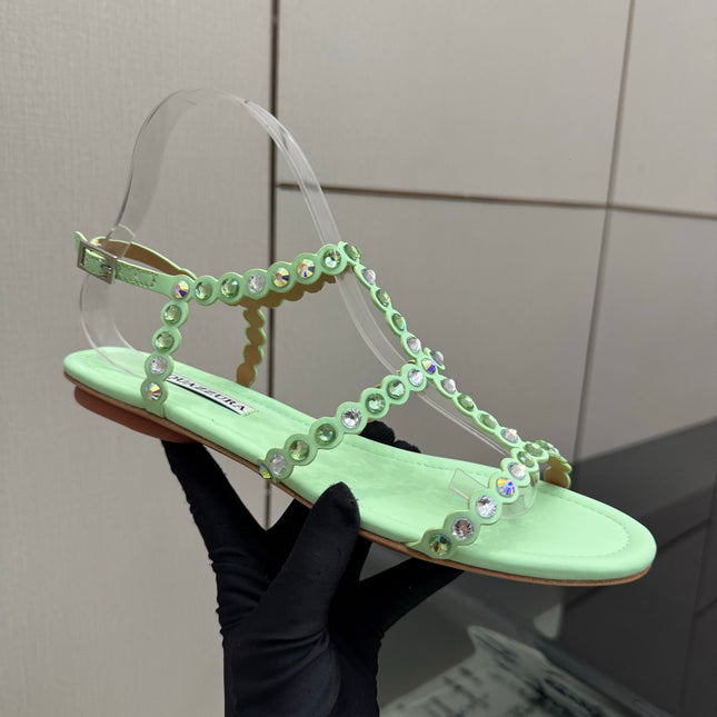AQUAZZURA 26S FLAT SANDALS IN MINT GREEN LAMBSKIN CRYSTAL-EMBELLISHED