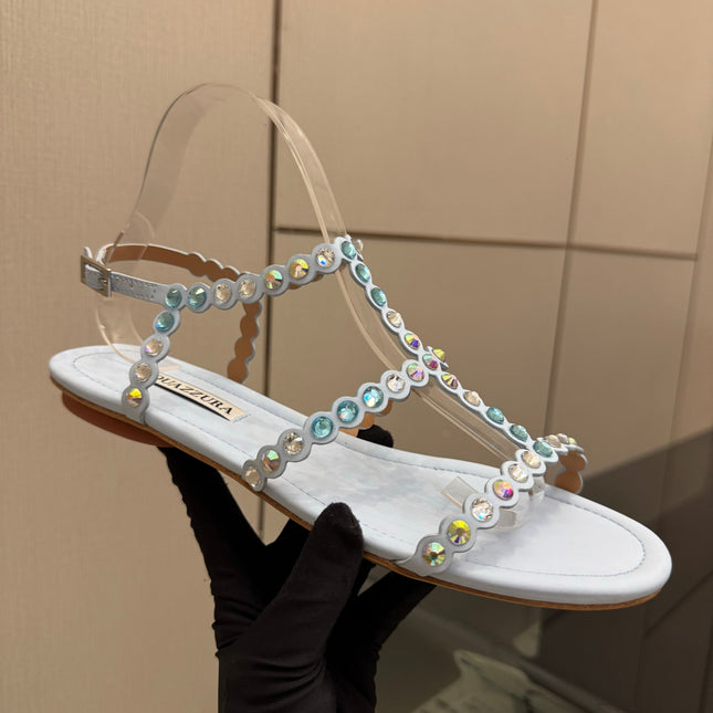 AQUAZZURA 26S FLAT SANDALS IN PASTEL BLUE LAMBSKIN CRYSTAL-EMBELLISHED