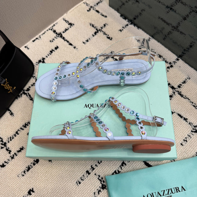 AQUAZZURA 26S FLAT SANDALS IN PASTEL BLUE LAMBSKIN CRYSTAL-EMBELLISHED