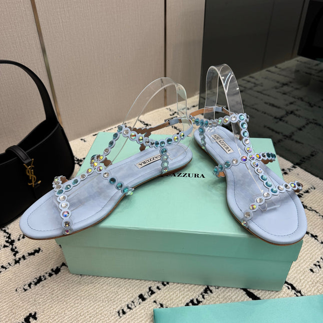 AQUAZZURA 26S FLAT SANDALS IN PASTEL BLUE LAMBSKIN CRYSTAL-EMBELLISHED