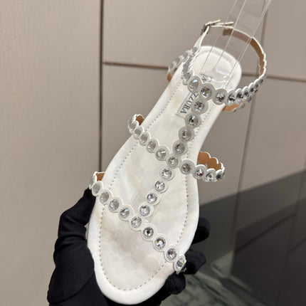 AQUAZZURA 26S FLAT SANDALS IN CREAM WHITE LAMBSKIN CRYSTAL-EMBELLISHED
