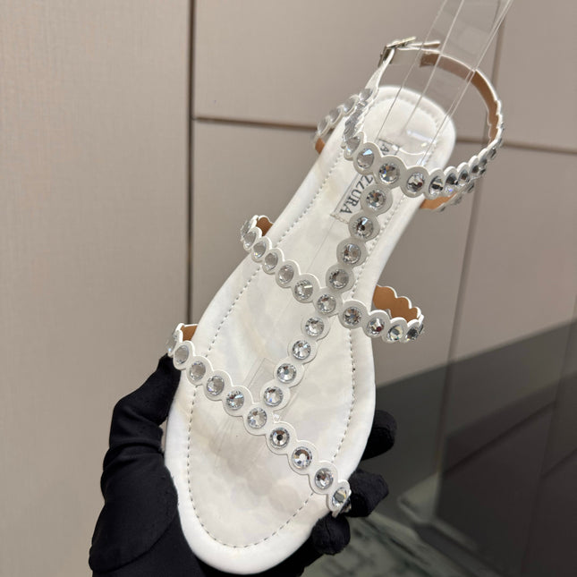 AQUAZZURA 26S FLAT SANDALS IN CREAM WHITE LAMBSKIN CRYSTAL-EMBELLISHED