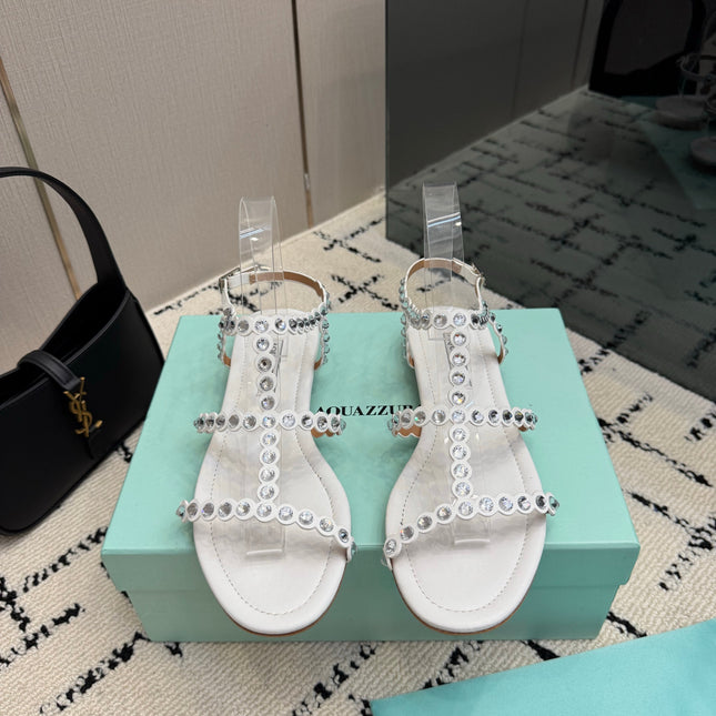AQUAZZURA 26S FLAT SANDALS IN CREAM WHITE LAMBSKIN CRYSTAL-EMBELLISHED