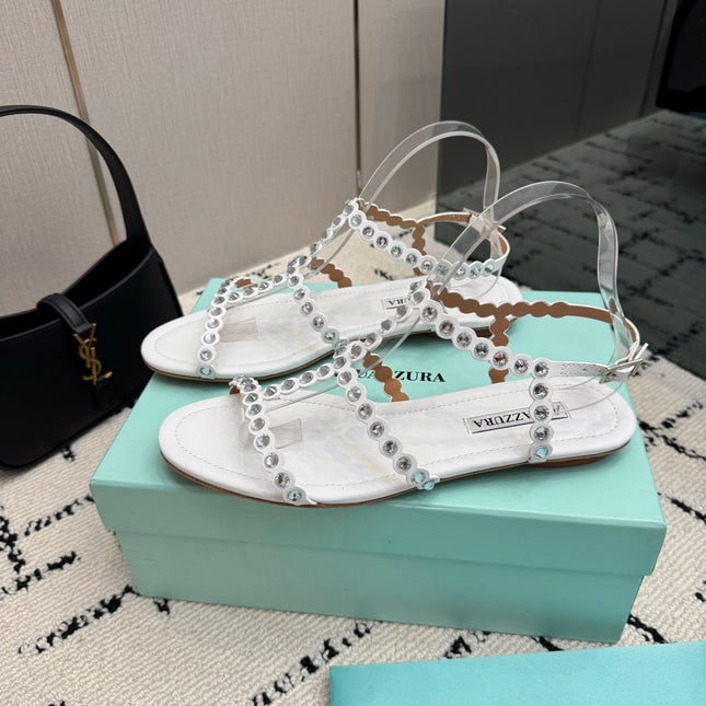 AQUAZZURA 26S FLAT SANDALS IN CREAM WHITE LAMBSKIN CRYSTAL-EMBELLISHED