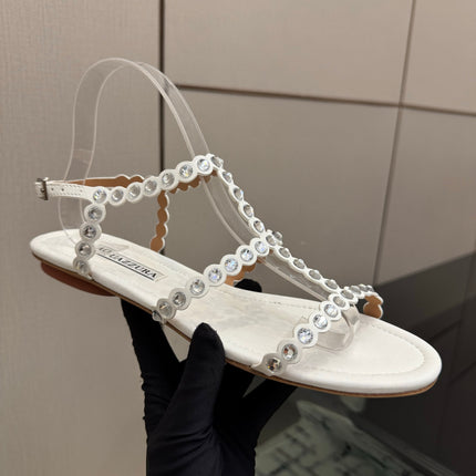 AQUAZZURA 26S FLAT SANDALS IN CREAM WHITE LAMBSKIN CRYSTAL-EMBELLISHED