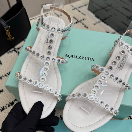 AQUAZZURA 26S FLAT SANDALS IN CREAM WHITE LAMBSKIN CRYSTAL-EMBELLISHED