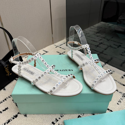 AQUAZZURA 26S FLAT SANDALS IN CREAM WHITE LAMBSKIN CRYSTAL-EMBELLISHED