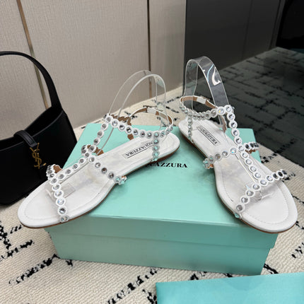 AQUAZZURA 26S FLAT SANDALS IN CREAM WHITE LAMBSKIN CRYSTAL-EMBELLISHED