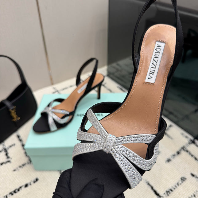 AQUAZZURA 26S HEEL SANDALS 80 MM IN BLACK SATIN CRYSTAL STONES