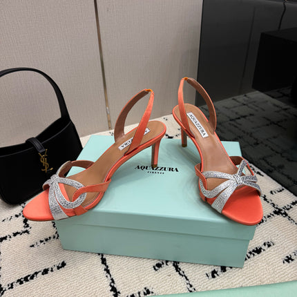 AQUAZZURA 26S HEEL SANDALS 80 MM IN ORANGE SATIN CRYSTAL STONES