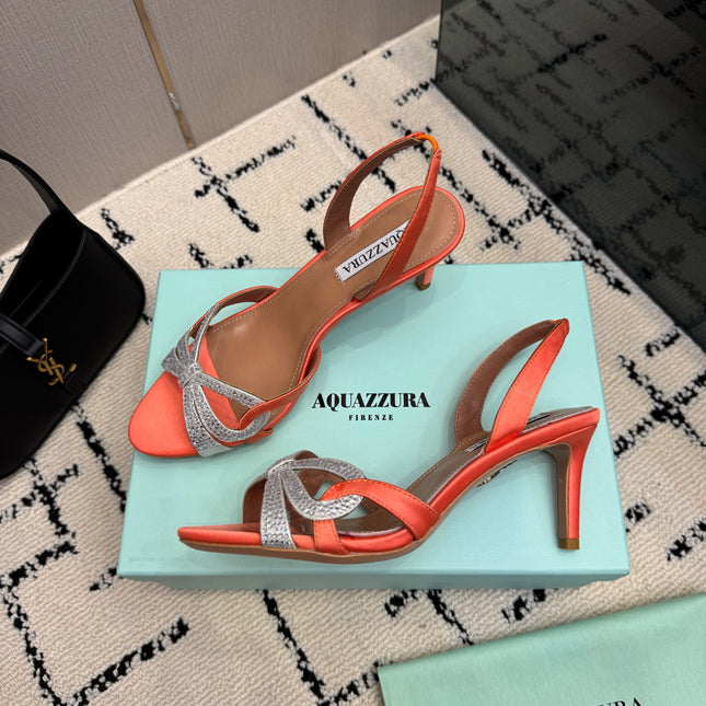 AQUAZZURA 26S HEEL SANDALS 80 MM IN ORANGE SATIN CRYSTAL STONES
