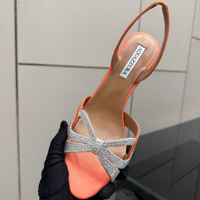 AQUAZZURA 26S HEEL SANDALS 80 MM IN ORANGE SATIN CRYSTAL STONES