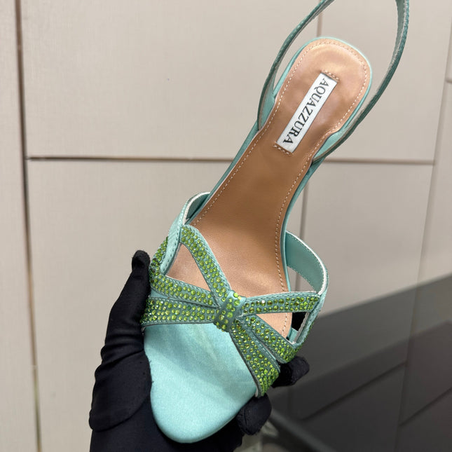 AQUAZZURA 26S HEEL SANDALS 80 MM IN MINT GREEN SATIN CRYSTAL STONES