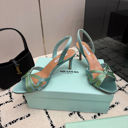AQUAZZURA 26S HEEL SANDALS 80 MM IN MINT GREEN SATIN CRYSTAL STONES