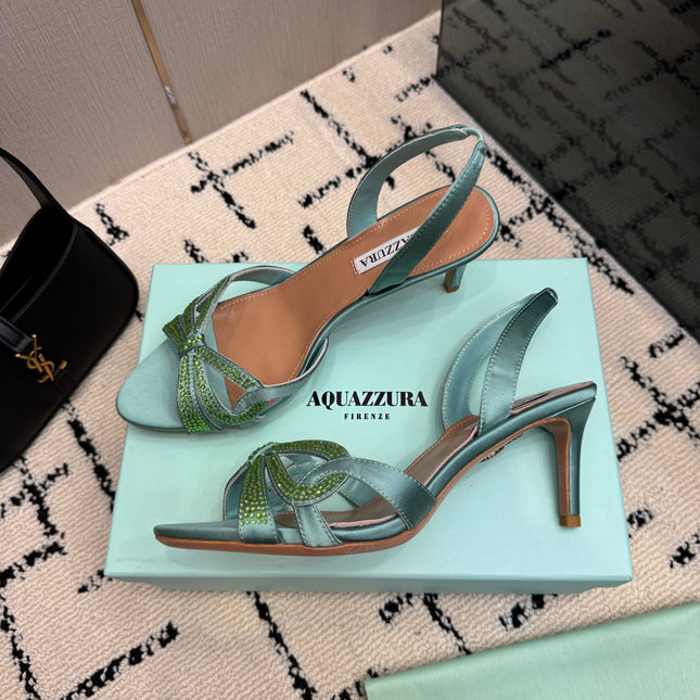 AQUAZZURA 26S HEEL SANDALS 80 MM IN MINT GREEN SATIN CRYSTAL STONES