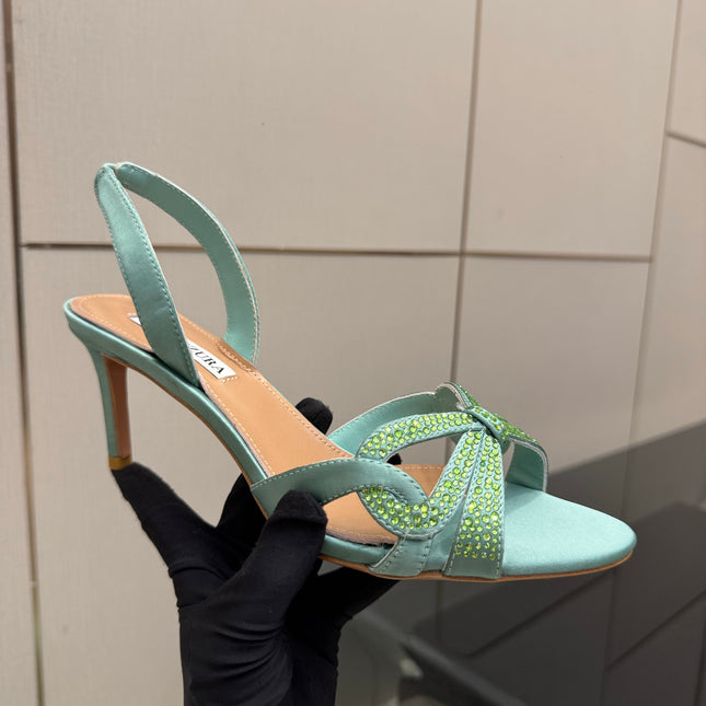 AQUAZZURA 26S HEEL SANDALS 80 MM IN MINT GREEN SATIN CRYSTAL STONES