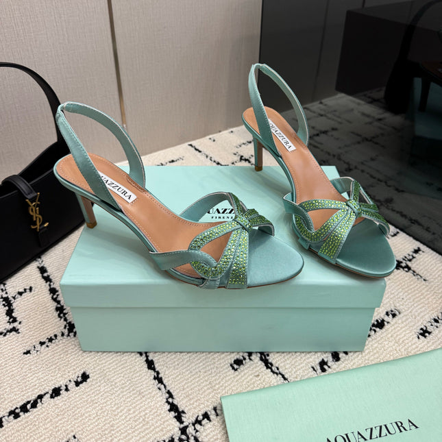 AQUAZZURA 26S HEEL SANDALS 80 MM IN MINT GREEN SATIN CRYSTAL STONES