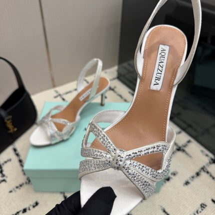 AQUAZZURA 26S HEEL SANDALS 80 MM IN CREAM WHITE SATIN CRYSTAL STONES