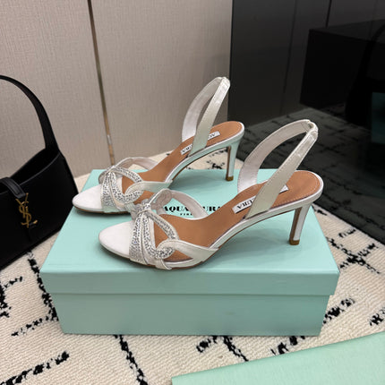 AQUAZZURA 26S HEEL SANDALS 80 MM IN CREAM WHITE SATIN CRYSTAL STONES