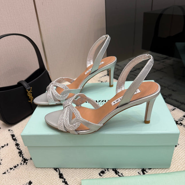 AQUAZZURA 26S HEEL SANDALS 80 MM IN SILVER CALFSKIN CRYSTAL STONES