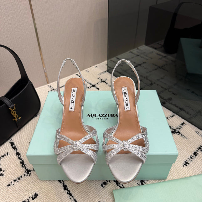 AQUAZZURA 26S HEEL SANDALS 80 MM IN SILVER CALFSKIN CRYSTAL STONES