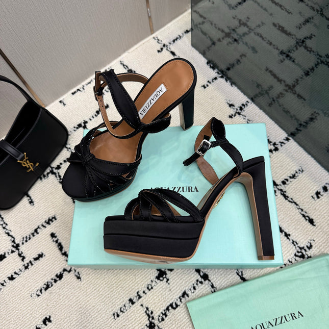 AQUAZZURA 26S HEEL SANDALS 135 MM IN BLACK SATIN RHINESTONE