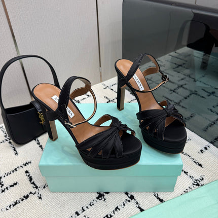 AQUAZZURA 26S HEEL SANDALS 135 MM IN BLACK SATIN RHINESTONE