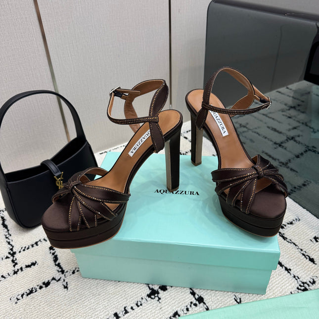 AQUAZZURA 26S HEEL SANDALS 135 MM IN DARK BROWN SATIN RHINESTONE