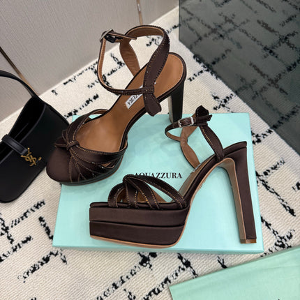 AQUAZZURA 26S HEEL SANDALS 135 MM IN DARK BROWN SATIN RHINESTONE