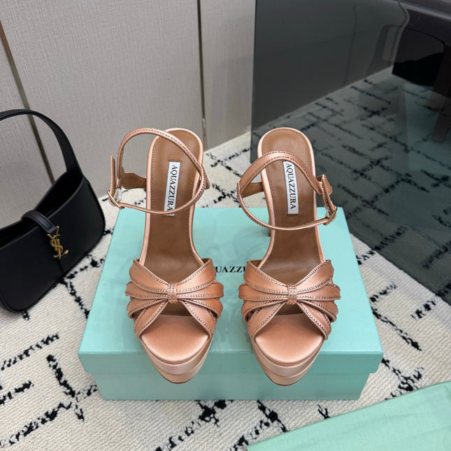 AQUAZZURA 26S HEEL SANDALS 135 MM IN NUDE SATIN RHINESTONE