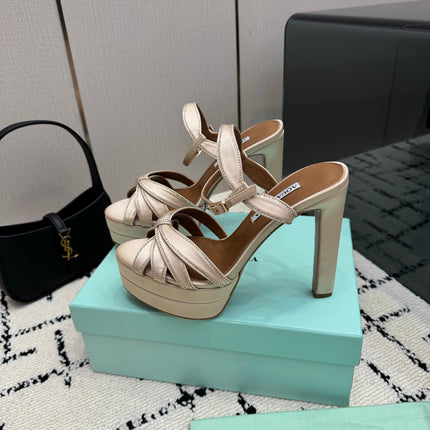 AQUAZZURA 26S HEEL SANDALS 135 MM IN BEIGE SATIN RHINESTONE