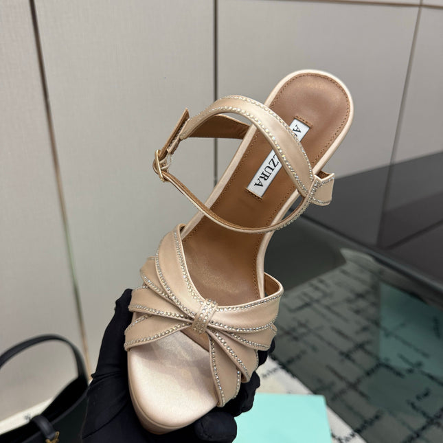 AQUAZZURA 26S HEEL SANDALS 135 MM IN BEIGE SATIN RHINESTONE