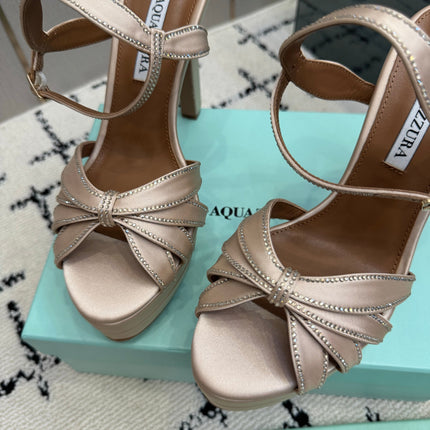 AQUAZZURA 26S HEEL SANDALS 135 MM IN BEIGE SATIN RHINESTONE