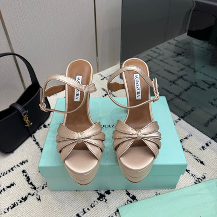 AQUAZZURA 26S HEEL SANDALS 135 MM IN BEIGE SATIN RHINESTONE